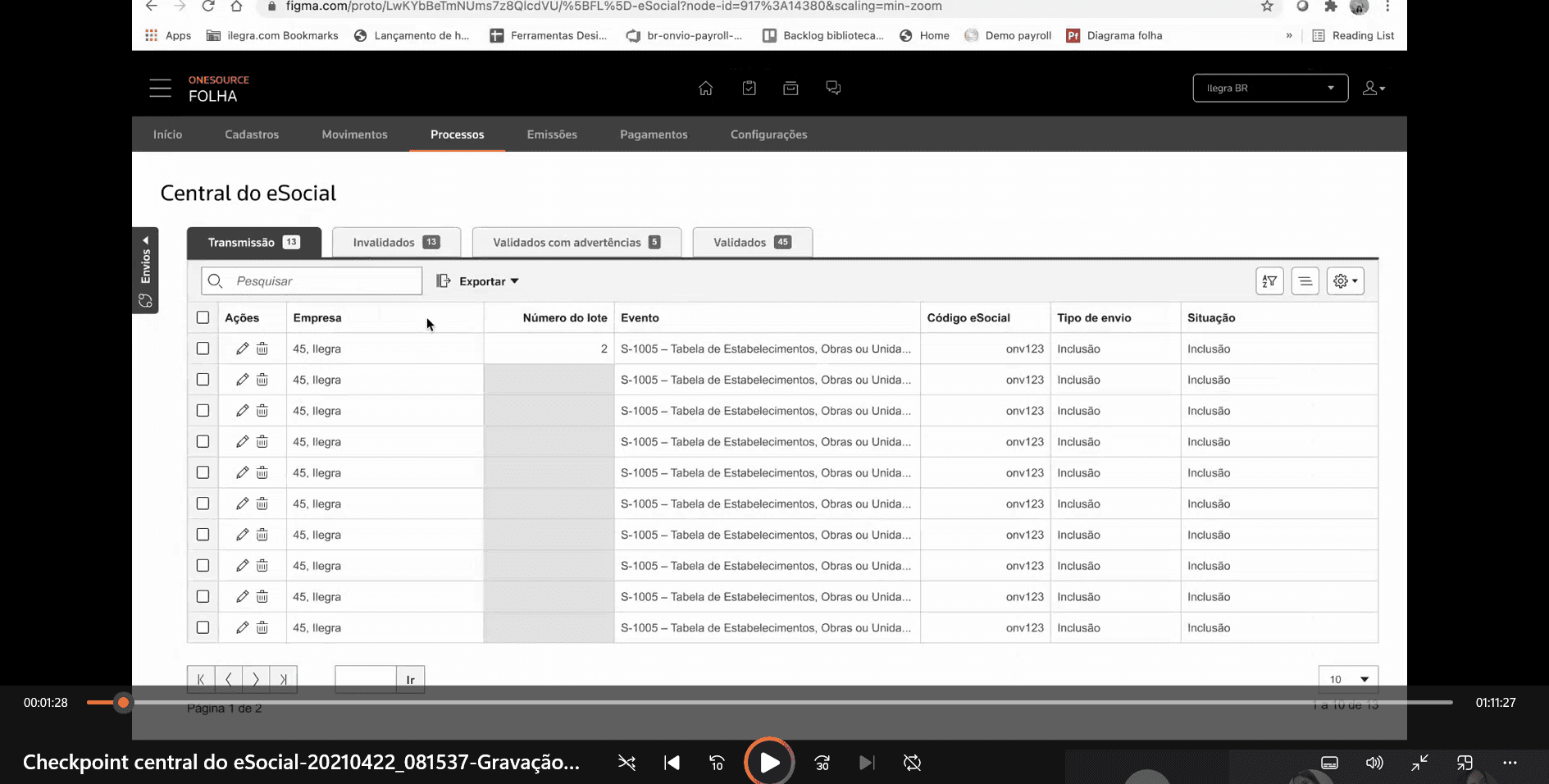 Screenshot of a checkpoint session showing the Onvio eSocial Panel prototype with event status tabs and a data table.