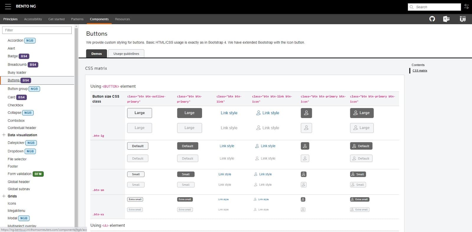 Original Bento NG documentation showing button styles, variants, sizes and states.