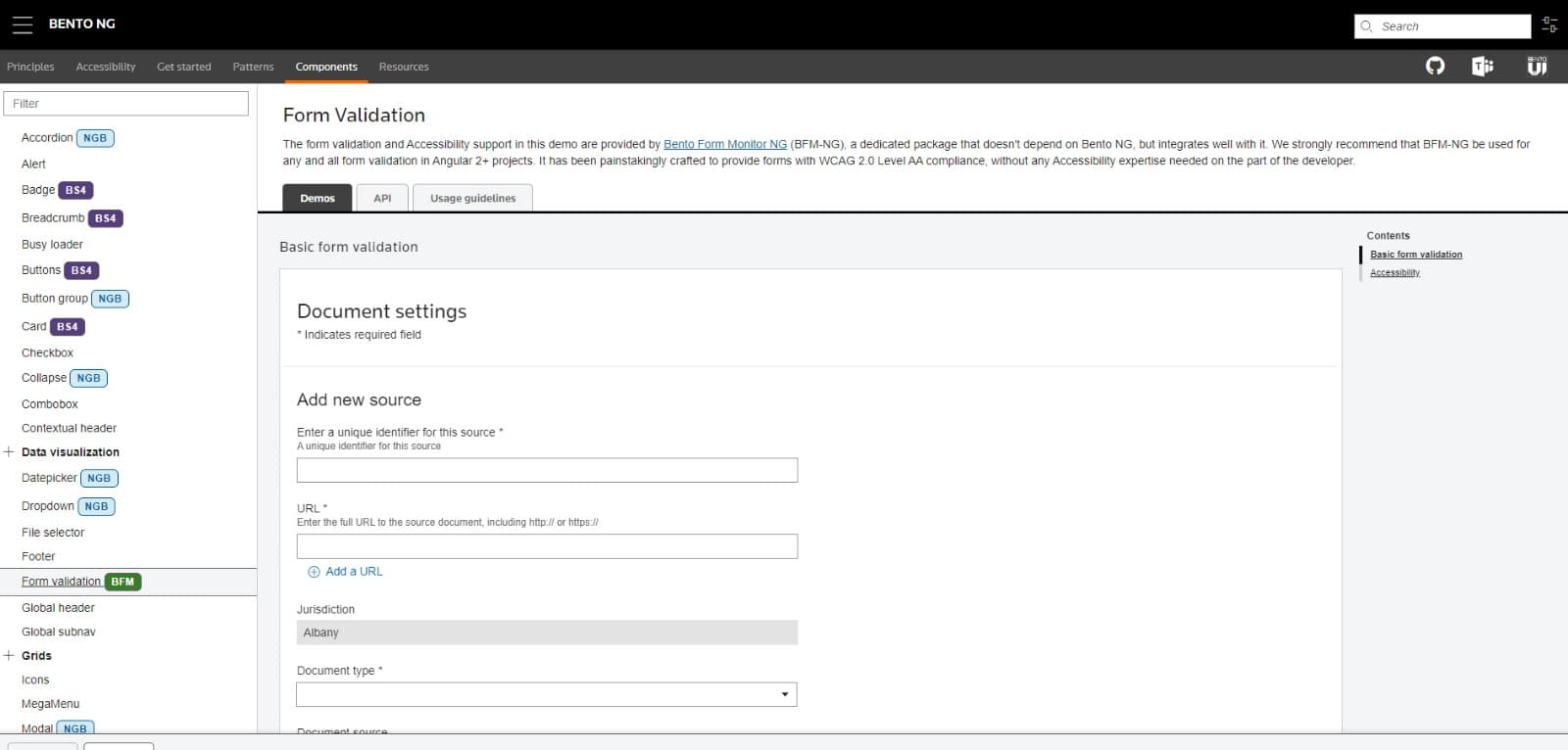 Original Bento NG documentation showing validation patterns and form components.