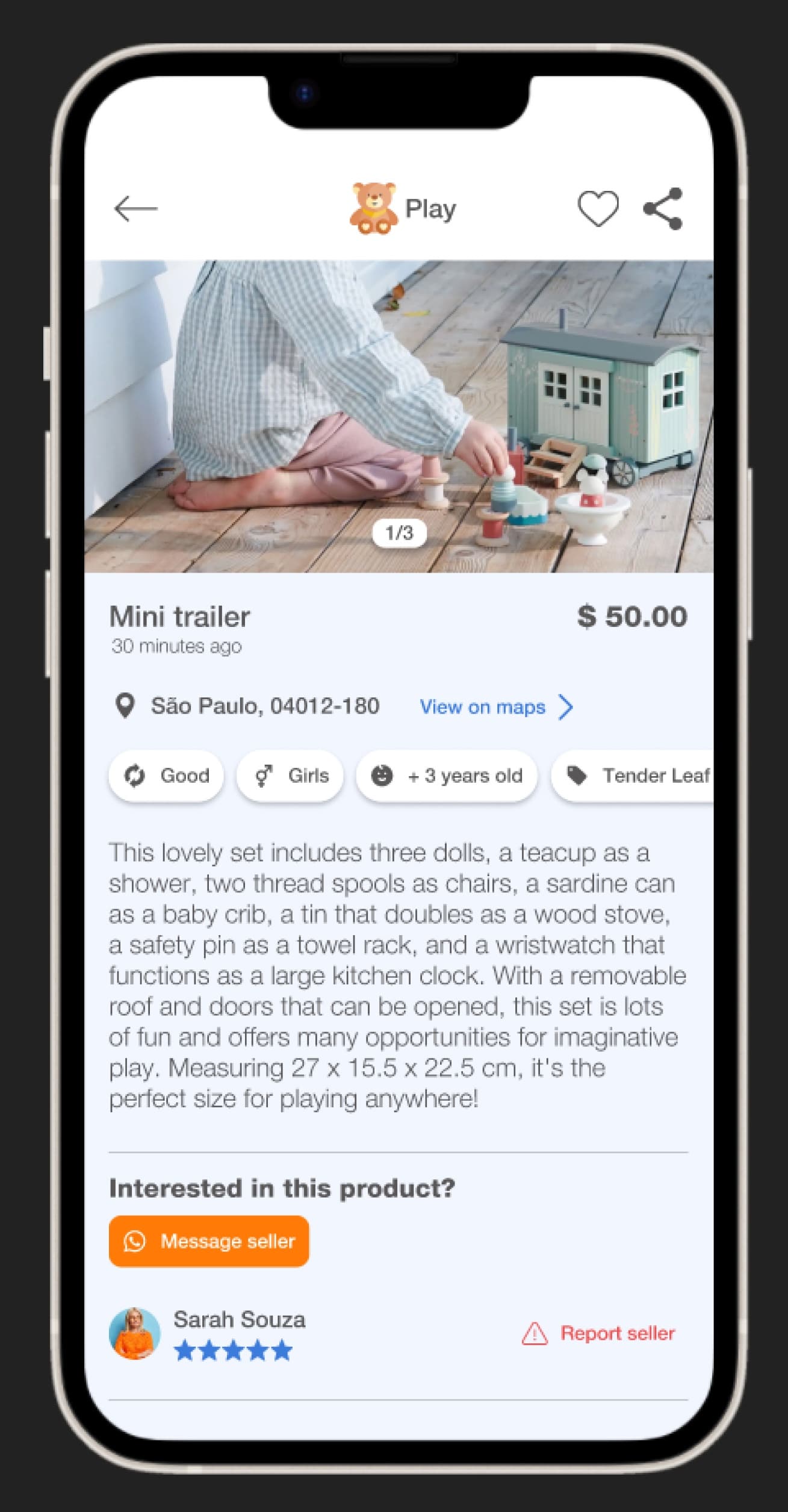 Updated Re-Play product detail page with a more explicit Message seller action.