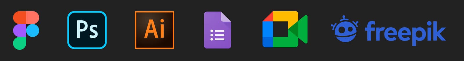 Design toolkit used in Re-Play, including Figma, Photoshop, Illustrator, Google Forms, Google Meet and Freepik