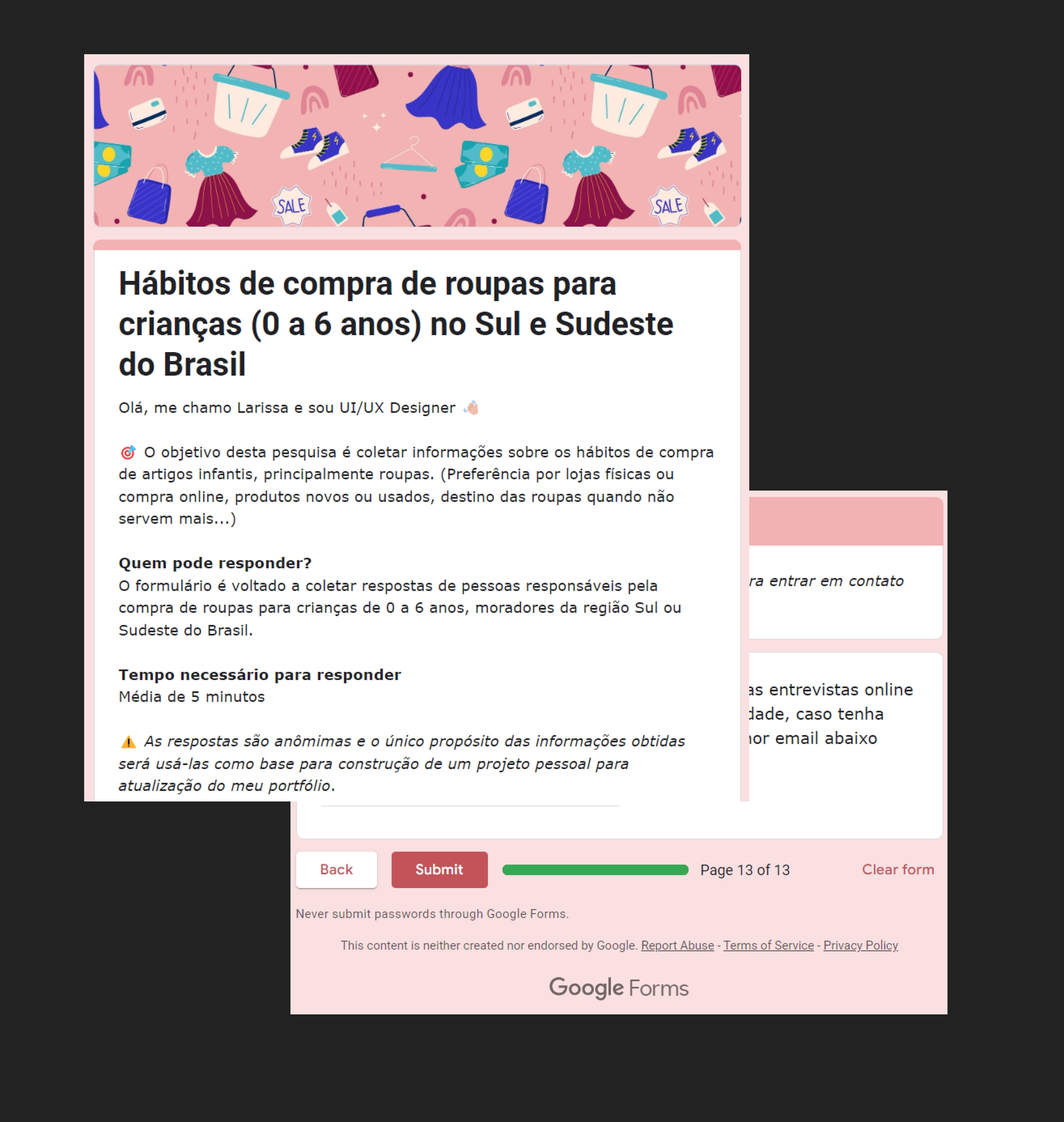 Screenshots of the Google Forms questionnaire about shopping habits for children's products in Brazil.