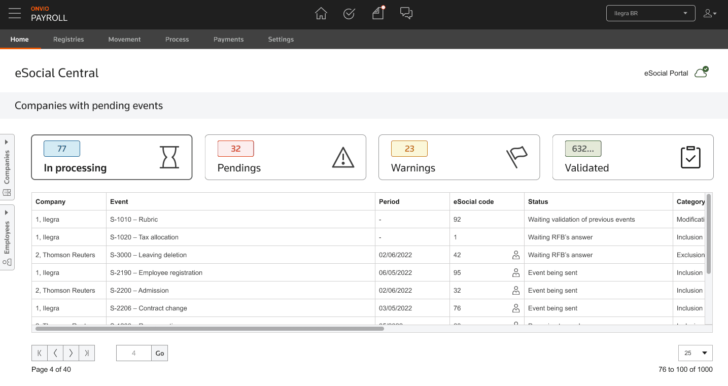 Animated Onvio eSocial Panel prototype demonstrating the redesigned interface.