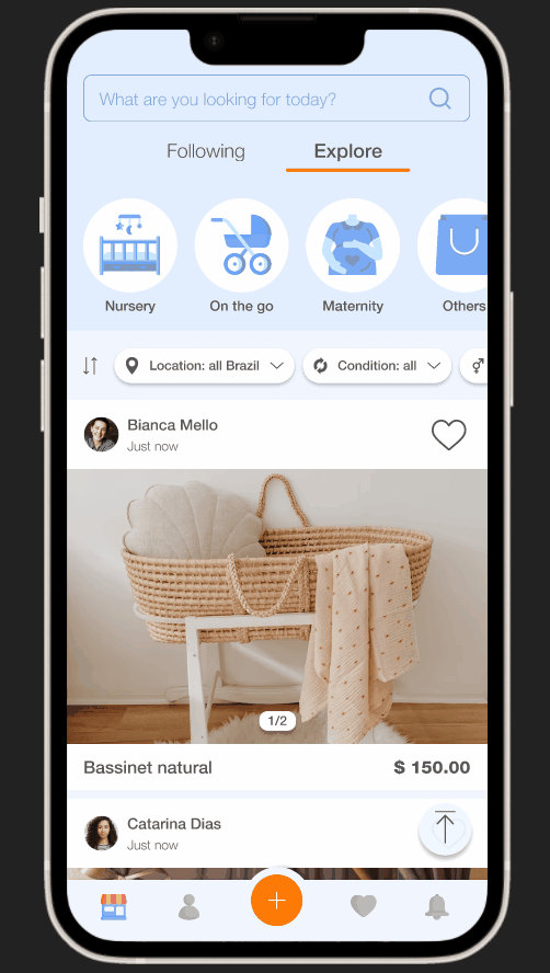 Re-Play animation showing the Explore feed with non-followed categories and sellers.